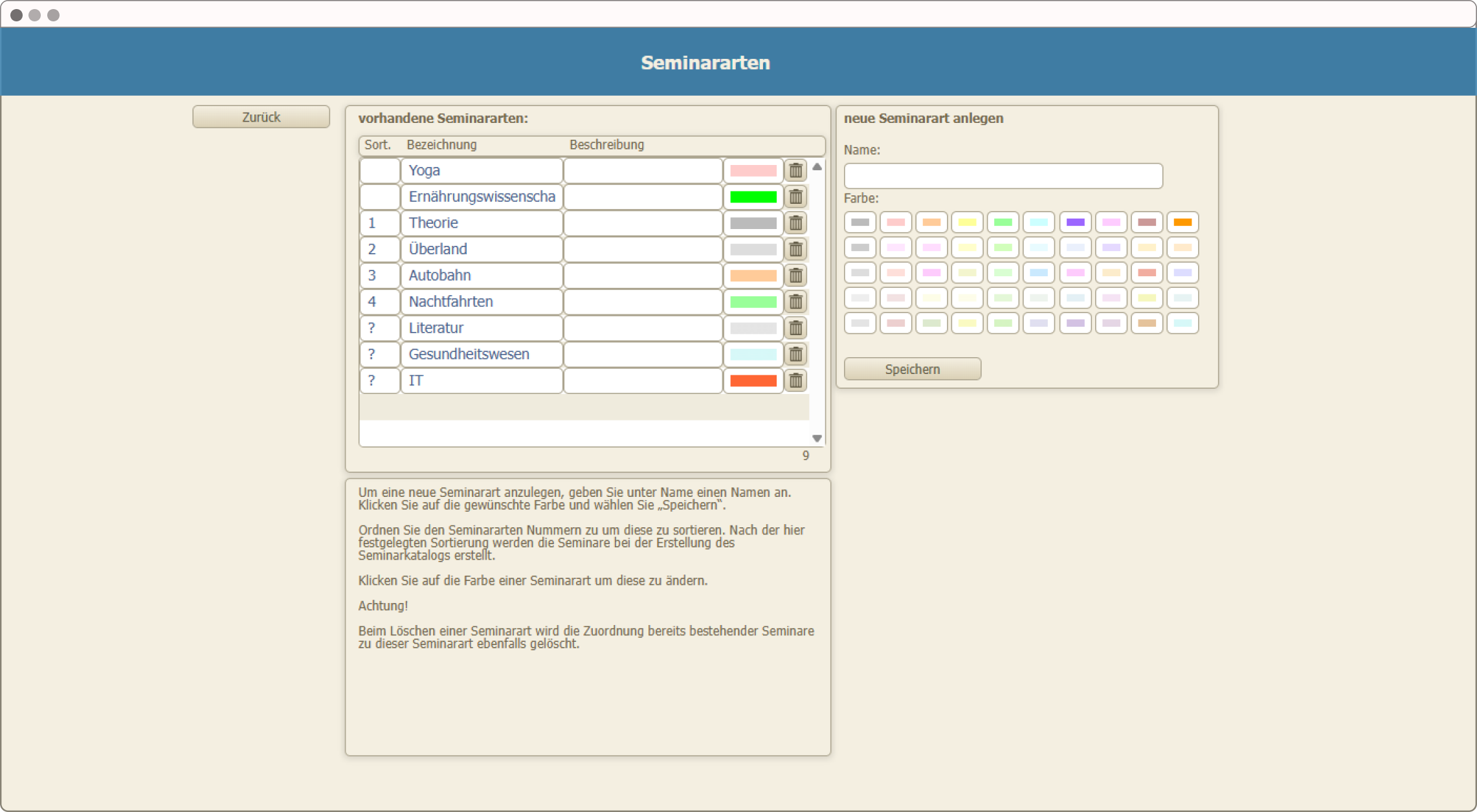 Ansicht des Softwarebereichs "Seminararten"